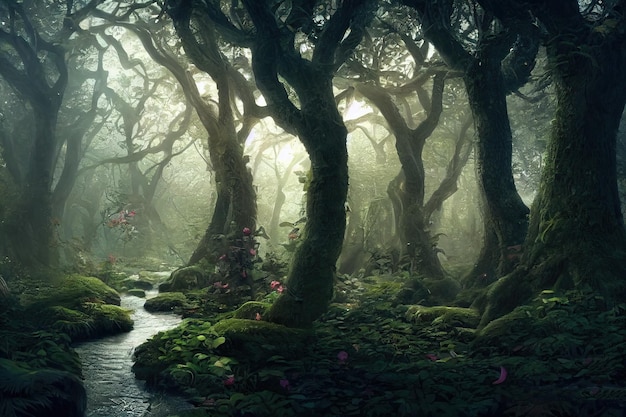 A beautiful fairytale enchanted forest with big trees and great vegetation Digital painting background