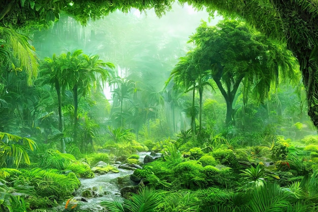 A beautiful fairytale enchanted forest with big trees and great\
vegetation digital painting background