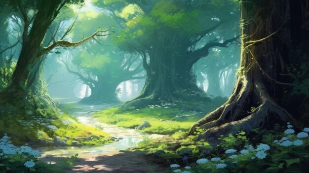 A beautiful fairytale enchanted forest with big trees and great vegetation Digital painting