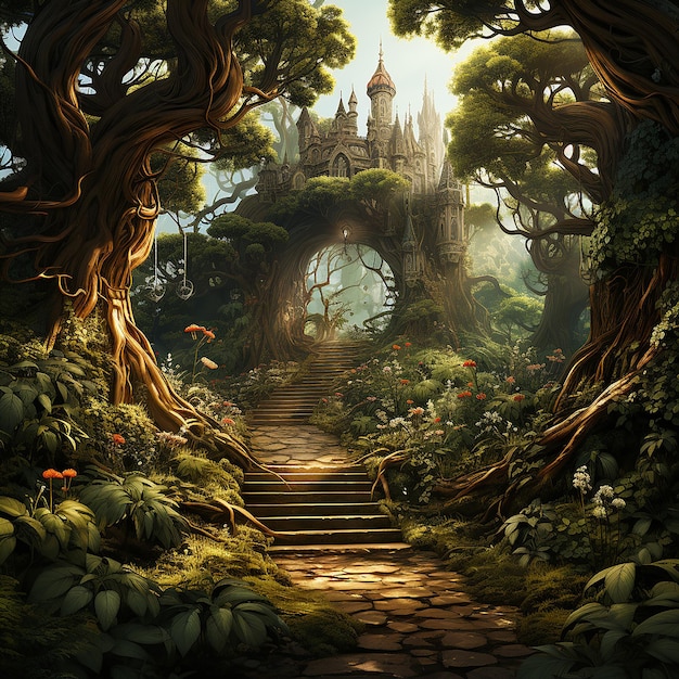 A beautiful fairytale enchanted forest with big trees and great vegetation Digital painting