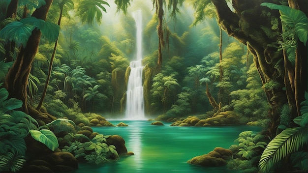 A beautiful fairytale enchanted forest with big trees and water fall vegetation digital painting