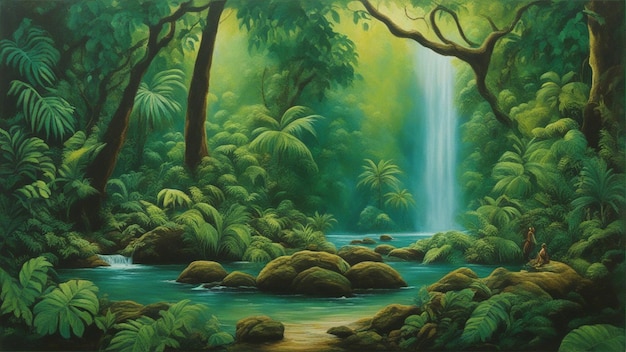 A beautiful fairytale enchanted forest with big trees and water fall vegetation digital painting