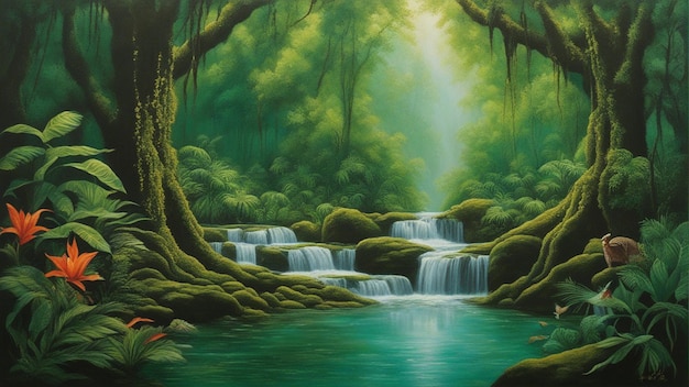A beautiful fairytale enchanted forest with big trees and water fall vegetation digital painting