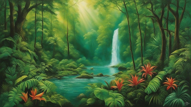 A beautiful fairytale enchanted forest with big trees and water fall vegetation digital painting