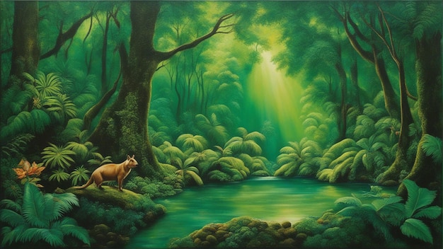 A beautiful fairytale enchanted forest with big trees and water fall vegetation digital painting