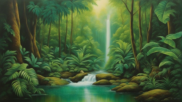 A beautiful fairytale enchanted forest with big trees and water fall vegetation digital painting