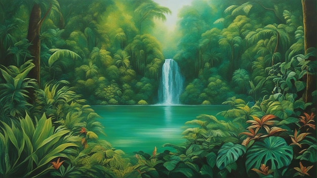 A beautiful fairytale enchanted forest with big trees and water fall vegetation digital painting