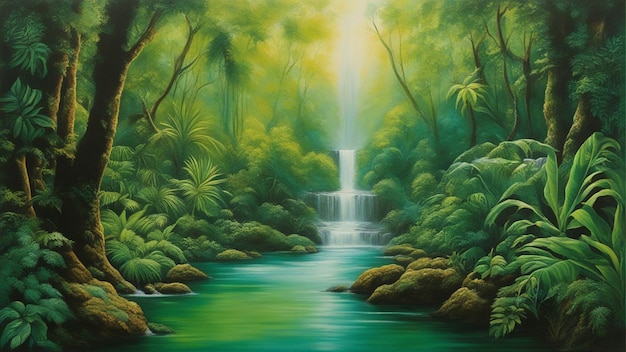 A beautiful fairytale enchanted forest with big trees and water fall vegetation digital painting