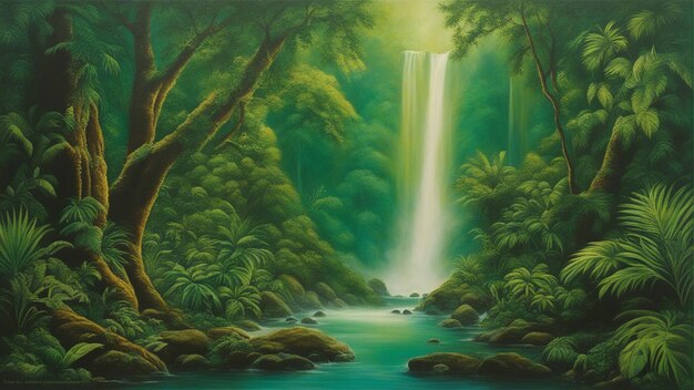 A beautiful fairytale enchanted forest with big trees and water fall vegetation digital painting