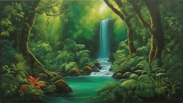 A beautiful fairytale enchanted forest with big trees and water fall vegetation digital painting