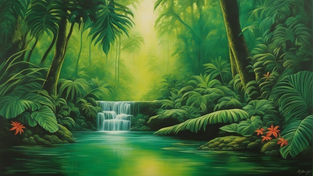 A beautiful fairytale enchanted forest with big trees and water fall vegetation digital painting