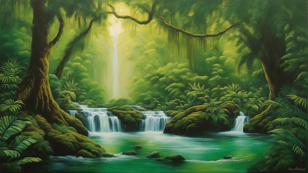 A beautiful fairytale enchanted forest with big trees and water fall vegetation digital painting