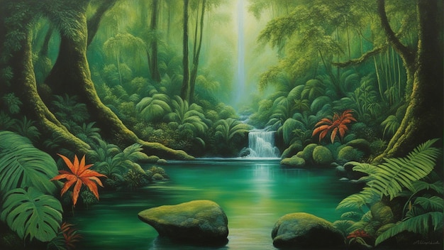 A beautiful fairytale enchanted forest with big trees and water fall vegetation digital painting