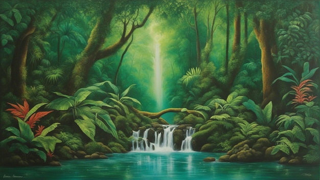 A beautiful fairytale enchanted forest with big trees and water fall vegetation digital painting