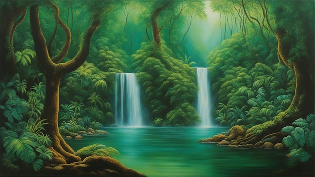 A beautiful fairytale enchanted forest with big trees and water fall vegetation digital painting