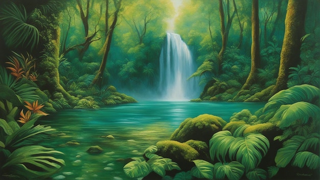 A beautiful fairytale enchanted forest with big trees and water fall vegetation digital painting