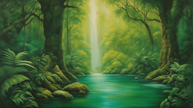 A beautiful fairytale enchanted forest with big trees and water fall vegetation digital painting