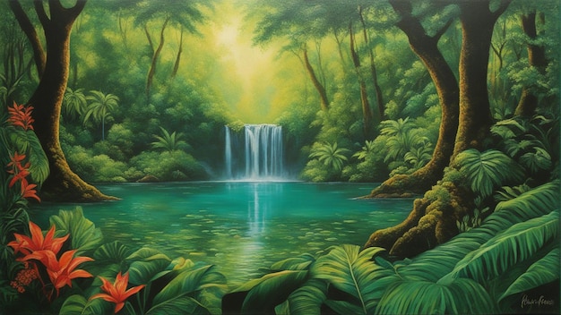 A beautiful fairytale enchanted forest with big trees and water fall vegetation digital painting