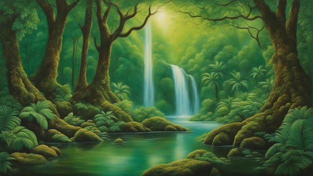 A beautiful fairytale enchanted forest with big trees and water fall vegetation digital painting