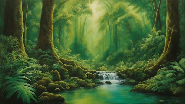 A beautiful fairytale enchanted forest with big trees and water fall vegetation digital painting