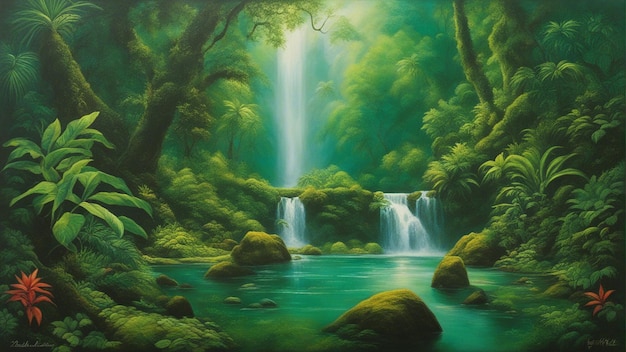 A beautiful fairytale enchanted forest with big trees and water fall vegetation digital painting