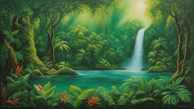 큰 나무와 물이 떨어지는 식물과 함께 아름다운 동화 마법의 숲 디지털 그림