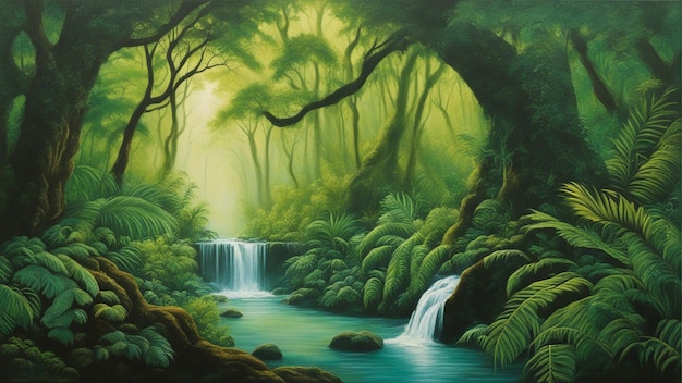 큰 나무와 물이 떨어지는 식물과 함께 아름다운 동화 마법의 숲 디지털 그림