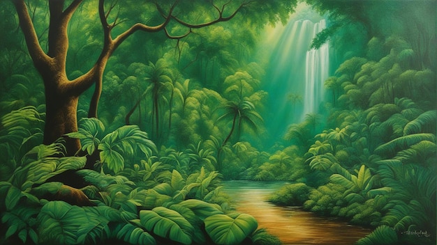 A beautiful fairytale enchanted forest with big trees and water fall vegetation digital painting