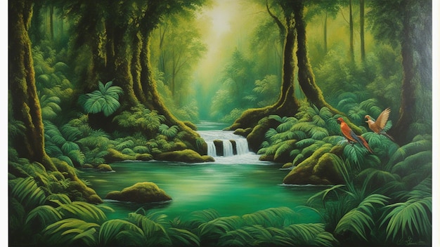 A beautiful fairytale enchanted forest with big trees and water fall vegetation digital painting