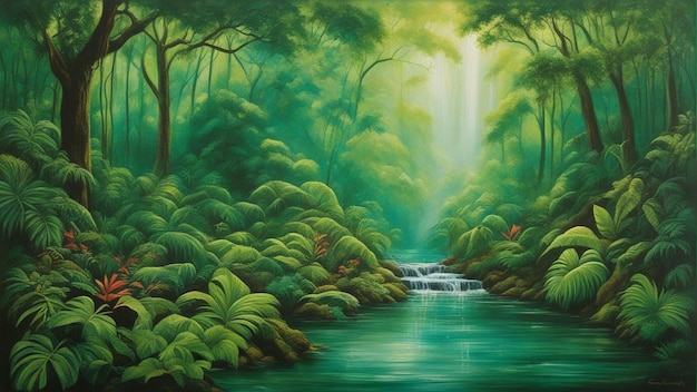 A beautiful fairytale enchanted forest with big trees and water fall vegetation digital painting