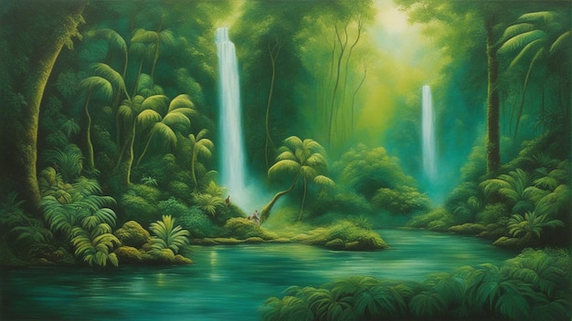 美しい童話の魔法の森 大きな木と水の落下 植生 デジタル絵画