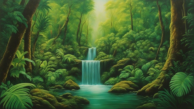 A beautiful fairytale enchanted forest with big trees and water fall vegetation digital painting