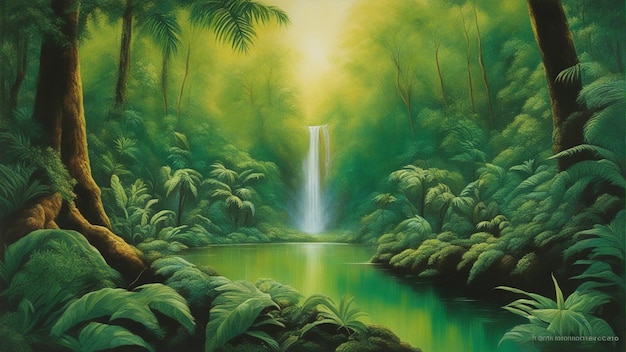 Прекрасный сказочный волшебный лес с большими деревьями и водопадами растительность цифровая картина