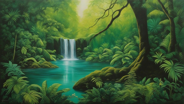 A beautiful fairytale enchanted forest with big trees and water fall vegetation digital painting