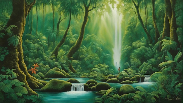 A beautiful fairytale enchanted forest with big trees and water fall vegetation digital painting