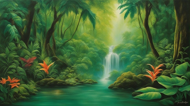 A beautiful fairytale enchanted forest with big trees and water fall vegetation digital painting