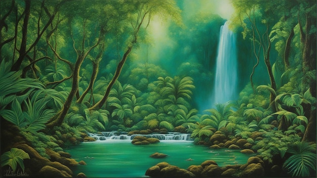 A beautiful fairytale enchanted forest with big trees and water fall vegetation digital painting