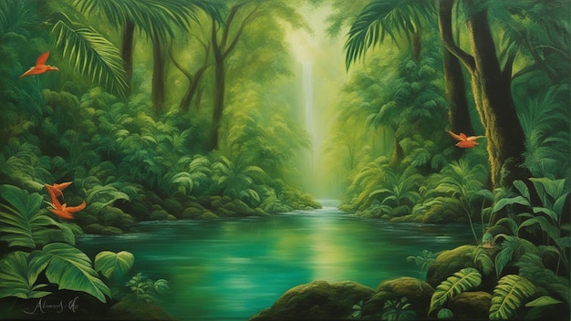 A beautiful fairytale enchanted forest with big trees and water fall vegetation digital painting