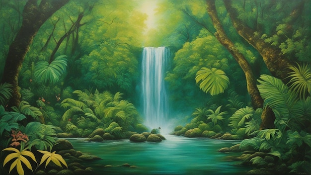 A beautiful fairytale enchanted forest with big trees and water fall vegetation digital painting