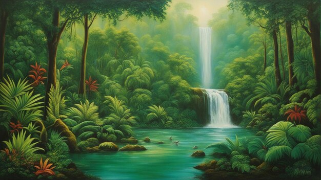 A beautiful fairytale enchanted forest with big trees and water fall vegetation digital painting