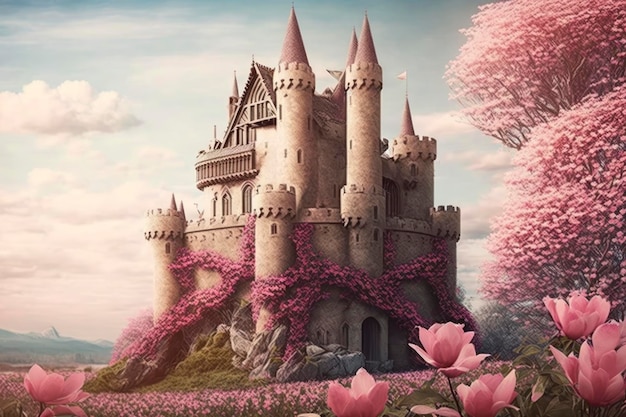 Beautiful fairytale pink castle with flowers