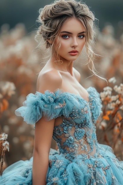 Красивая сказочная принцесса молодая женщина в длинном свадебном вечернем бальном платье модель неземной красоты