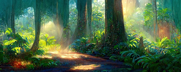 A beautiful fairytale rainforest on a summer morning with sunbeams Digital Painting Background Illustration