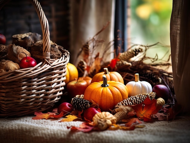 Beautiful fall decorations autumn decorative background in brown and orange colors