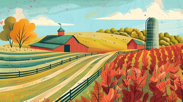 Photo a beautiful fall landscape with a red barn silo and rolling hills