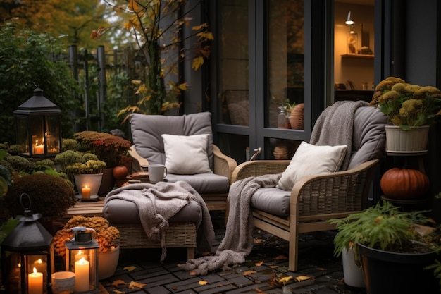 Beautiful fall residential backyard terrace with outdoor chairs cozy autumn vibes