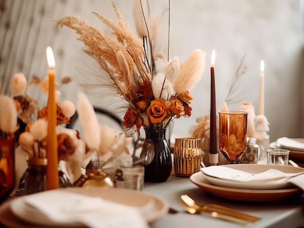 Photo beautiful fall table setting autumn dinner table decoration with flowers and candles holiday event decor in orange and yellow colors closeup shot