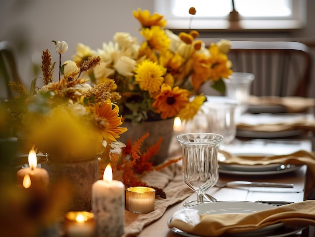 Beautiful fall table setting autumn dinner table decoration with flowers and candles