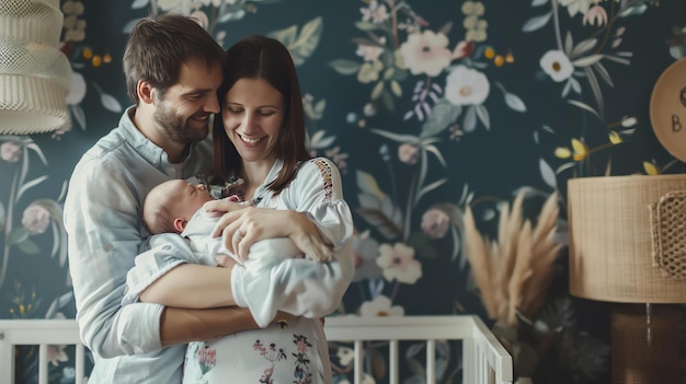 A beautiful family is embracing their newborn baby