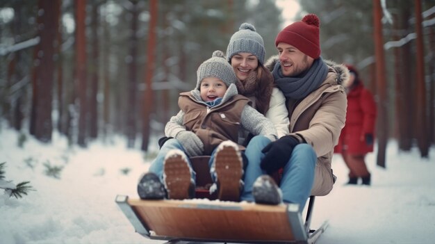 A beautiful family with a child in a sled and two husky puppies laughing against the Generative AI